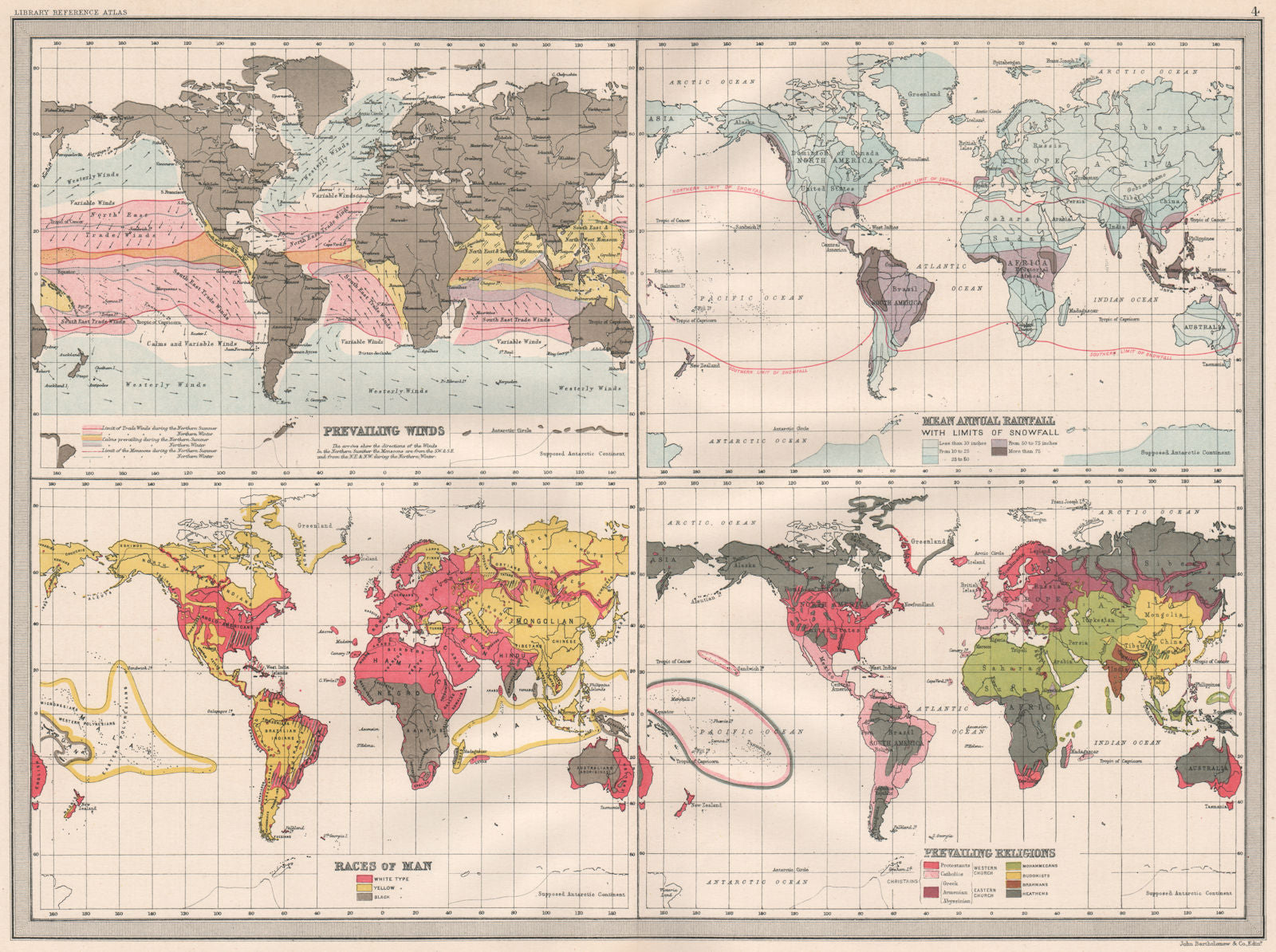 WORLD. Prevailing Winds Rainfall Snowfall limit Races Religions 1890 old map